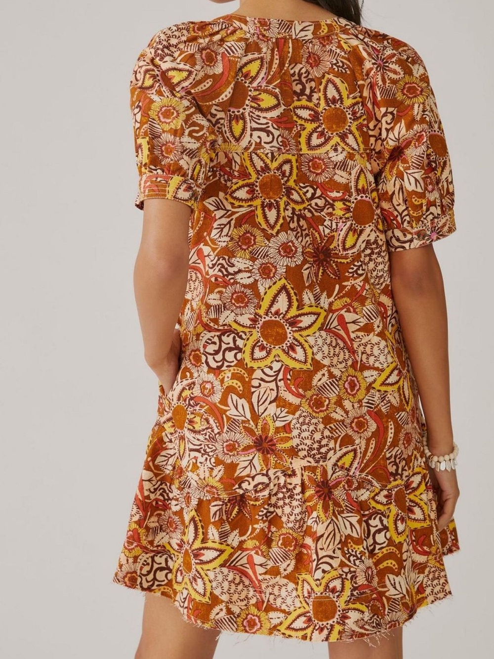 Anthropologie Floral Tiered V-Neck Mini Dress in Rust and Yellow - Picture 2 of 9